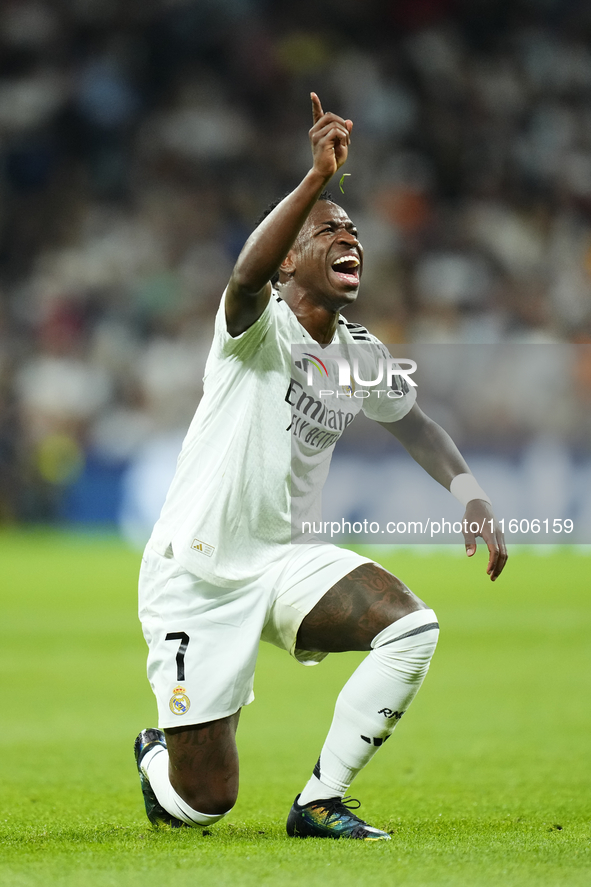 Vinicius Junior left winger of Real Madrid and Brazil protest to referee during the La Liga match between Real Madrid CF and Deportivo Alavé...