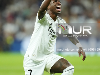 Vinicius Junior left winger of Real Madrid and Brazil protest to referee during the La Liga match between Real Madrid CF and Deportivo Alavé...