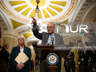 Senate Majority Leader Chuck Schumer (D-NY) calls on a reporter for a question during Senate Democrats' weekly press conference in Washingto...