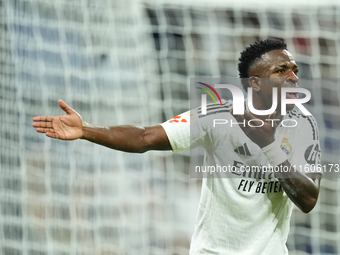 Vinicius Junior left winger of Real Madrid and Brazil protest to referee during the La Liga match between Real Madrid CF and Deportivo Alavé...