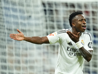 Vinicius Junior left winger of Real Madrid and Brazil protest to referee during the La Liga match between Real Madrid CF and Deportivo Alavé...