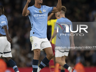 Matheus Nunes #27 of Manchester City F.C. celebrates his goal during the Carabao Cup Third Round match between Manchester City and Watford a...