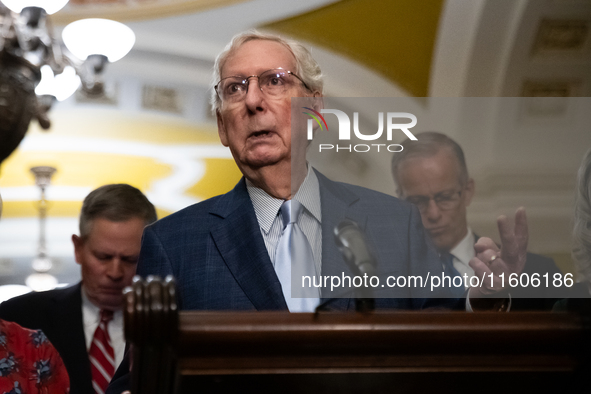 Senate Minority Leader (R-KY) speaks at Senate Republicans' weekly press conference in Washington, DC, on September 24, 2024. 