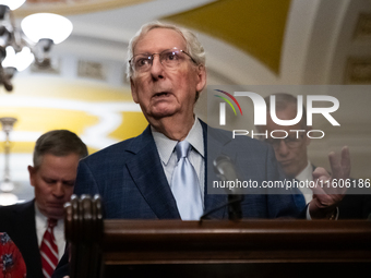 Senate Minority Leader (R-KY) speaks at Senate Republicans' weekly press conference in Washington, DC, on September 24, 2024. (