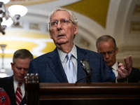 Senate Minority Leader (R-KY) speaks at Senate Republicans' weekly press conference in Washington, DC, on September 24, 2024. (