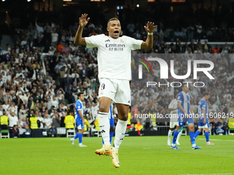 Kylian Mbappe centre-forward of Real Madrid and France celebrates after scoring his sides first goal during the La Liga match between Real M...