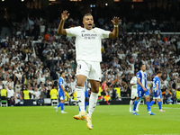 Kylian Mbappe centre-forward of Real Madrid and France celebrates after scoring his sides first goal during the La Liga match between Real M...