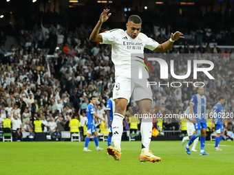 Kylian Mbappe centre-forward of Real Madrid and France celebrates after scoring his sides first goal during the La Liga match between Real M...