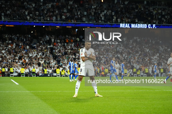 Kylian Mbappe centre-forward of Real Madrid and France celebrates after scoring his sides first goal during the La Liga match between Real M...