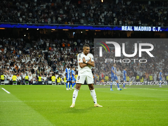 Kylian Mbappe centre-forward of Real Madrid and France celebrates after scoring his sides first goal during the La Liga match between Real M...