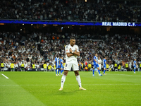 Kylian Mbappe centre-forward of Real Madrid and France celebrates after scoring his sides first goal during the La Liga match between Real M...