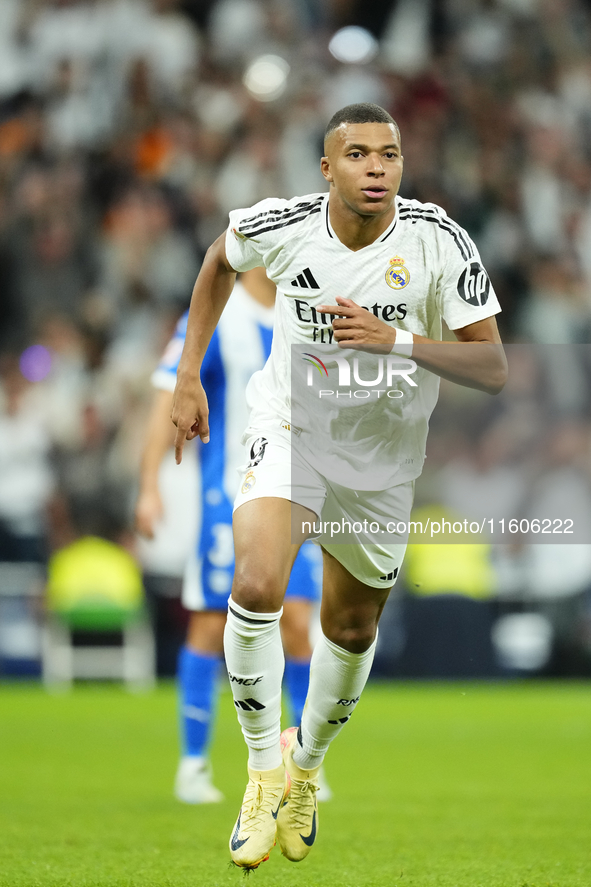 Kylian Mbappe centre-forward of Real Madrid and France celebrates after scoring his sides first goal during the La Liga match between Real M...