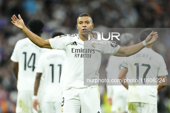 Kylian Mbappe centre-forward of Real Madrid and France celebrates after scoring his sides first goal during the La Liga match between Real M...