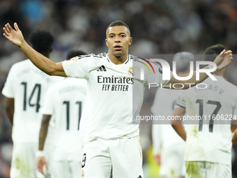 Kylian Mbappe centre-forward of Real Madrid and France celebrates after scoring his sides first goal during the La Liga match between Real M...