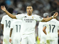 Kylian Mbappe centre-forward of Real Madrid and France celebrates after scoring his sides first goal during the La Liga match between Real M...