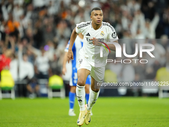 Kylian Mbappe centre-forward of Real Madrid and France celebrates after scoring his sides first goal during the La Liga match between Real M...