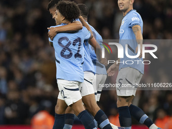 Matheus Nunes #27 of Manchester City F.C. celebrates his goal during the Carabao Cup Third Round match between Manchester City and Watford a...