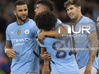 Matheus Nunes #27 of Manchester City F.C. celebrates his goal during the Carabao Cup Third Round match between Manchester City and Watford a...