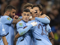 Matheus Nunes #27 of Manchester City F.C. celebrates his goal during the Carabao Cup Third Round match between Manchester City and Watford a...