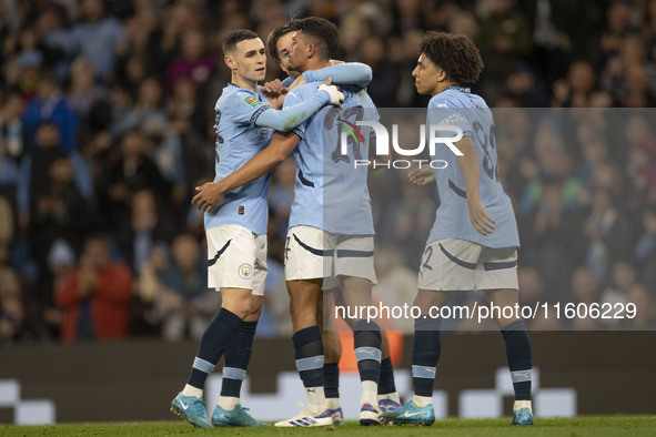 Matheus Nunes #27 of Manchester City F.C. celebrates his goal during the Carabao Cup Third Round match between Manchester City and Watford a...