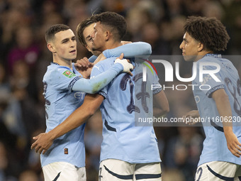 Matheus Nunes #27 of Manchester City F.C. celebrates his goal during the Carabao Cup Third Round match between Manchester City and Watford a...