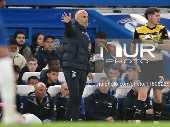 Manager Enzo Maresca gestures during the Carabao Cup Third Round match between Chelsea and Barrow at Stamford Bridge in London, England, on...