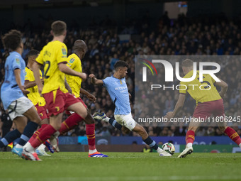 Matheus Nunes #27 of Manchester City F.C. shoots at goal during the Carabao Cup Third Round match between Manchester City and Watford at the...