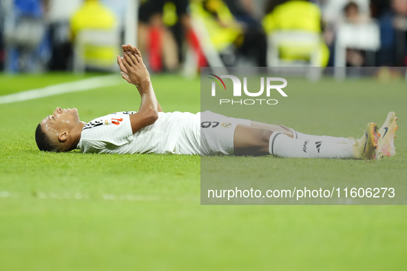 Kylian Mbappe centre-forward of Real Madrid and France  reacts during the La Liga match between Real Madrid CF and Deportivo Alavés at Estad...