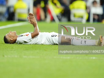 Kylian Mbappe centre-forward of Real Madrid and France  reacts during the La Liga match between Real Madrid CF and Deportivo Alavés at Estad...