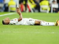 Kylian Mbappe centre-forward of Real Madrid and France  reacts during the La Liga match between Real Madrid CF and Deportivo Alavés at Estad...