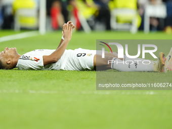 Kylian Mbappe centre-forward of Real Madrid and France  reacts during the La Liga match between Real Madrid CF and Deportivo Alavés at Estad...