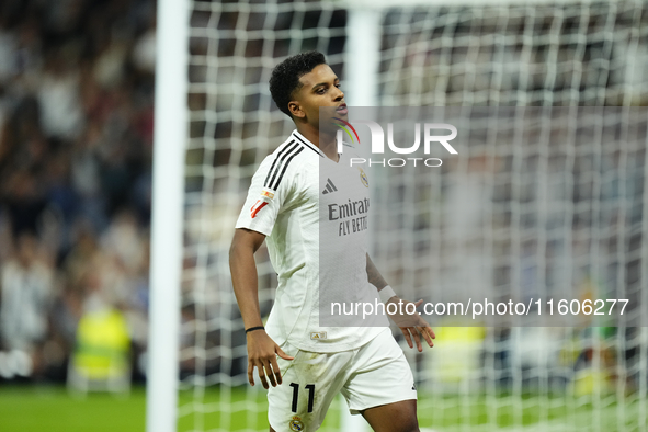 Rodrygo Goes right winger of Real Madrid and Brazil celebrates after scoring his sides first goal during the La Liga match between Real Madr...