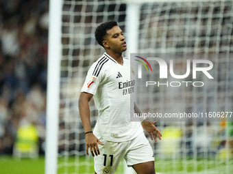 Rodrygo Goes right winger of Real Madrid and Brazil celebrates after scoring his sides first goal during the La Liga match between Real Madr...