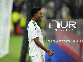 Rodrygo Goes right winger of Real Madrid and Brazil celebrates after scoring his sides first goal during the La Liga match between Real Madr...