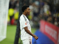 Rodrygo Goes right winger of Real Madrid and Brazil celebrates after scoring his sides first goal during the La Liga match between Real Madr...