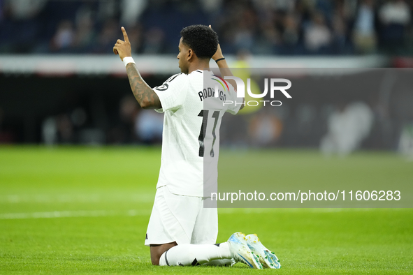 Rodrygo Goes right winger of Real Madrid and Brazil celebrates after scoring his sides first goal during the La Liga match between Real Madr...