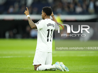 Rodrygo Goes right winger of Real Madrid and Brazil celebrates after scoring his sides first goal during the La Liga match between Real Madr...