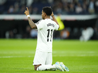 Rodrygo Goes right winger of Real Madrid and Brazil celebrates after scoring his sides first goal during the La Liga match between Real Madr...