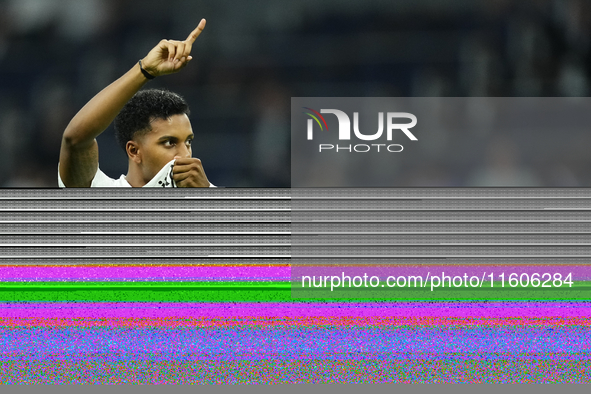 Rodrygo Goes right winger of Real Madrid and Brazil celebrates after scoring his sides first goal during the La Liga match between Real Madr...