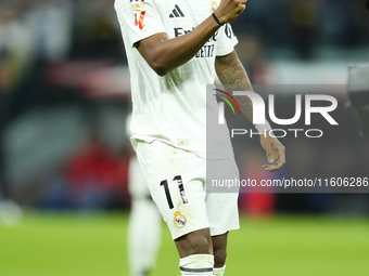 Rodrygo Goes right winger of Real Madrid and Brazil celebrates after scoring his sides first goal during the La Liga match between Real Madr...