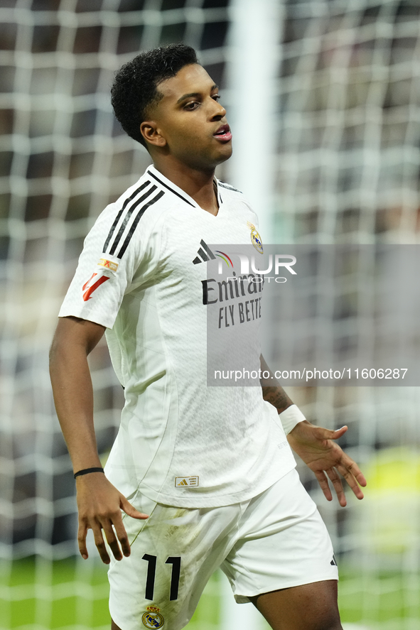 Rodrygo Goes right winger of Real Madrid and Brazil celebrates after scoring his sides first goal during the La Liga match between Real Madr...