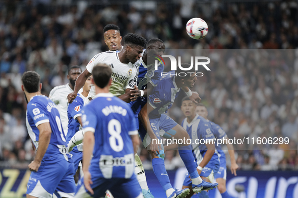 Aurelien Tchouameni of Real Madrid attempts a head shot during the La Liga 2024/25 match between Real Madrid and Alaves at Santiago Bernabeu...