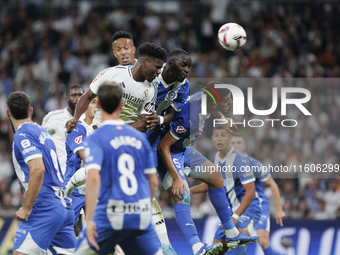 Aurelien Tchouameni of Real Madrid attempts a head shot during the La Liga 2024/25 match between Real Madrid and Alaves at Santiago Bernabeu...