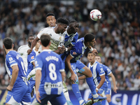 Aurelien Tchouameni of Real Madrid attempts a head shot during the La Liga 2024/25 match between Real Madrid and Alaves at Santiago Bernabeu...