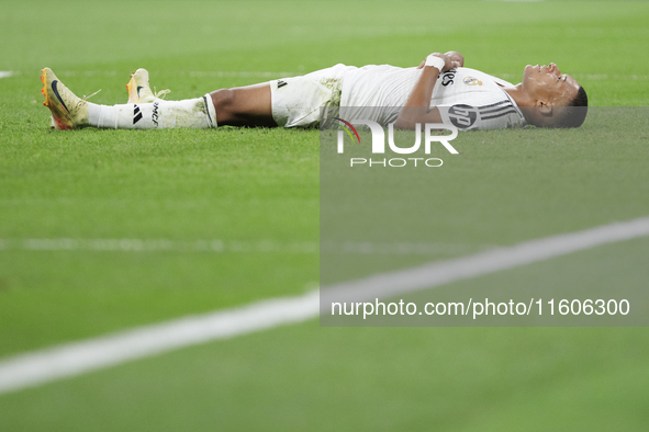 Kylian Mbappe of Real Madrid reacts to a missed opportunity during the La Liga 2024/25 match between Real Madrid and Alaves at Santiago Bern...