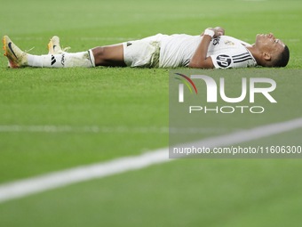 Kylian Mbappe of Real Madrid reacts to a missed opportunity during the La Liga 2024/25 match between Real Madrid and Alaves at Santiago Bern...