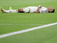 Kylian Mbappe of Real Madrid reacts to a missed opportunity during the La Liga 2024/25 match between Real Madrid and Alaves at Santiago Bern...