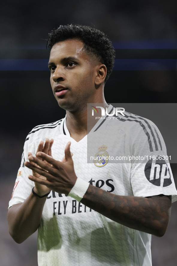 Rodrygo Goes of Real Madrid claps his hands during the La Liga 2024/25 match between Real Madrid and Alaves at Santiago Bernabeu Stadium in...