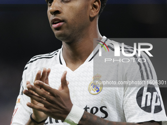 Rodrygo Goes of Real Madrid claps his hands during the La Liga 2024/25 match between Real Madrid and Alaves at Santiago Bernabeu Stadium in...