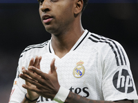 Rodrygo Goes of Real Madrid claps his hands during the La Liga 2024/25 match between Real Madrid and Alaves at Santiago Bernabeu Stadium in...